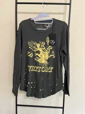 NWT Chaser Sweet Victory Eagle Distressed Long Sleeve Top Graphic Grunge Rock L